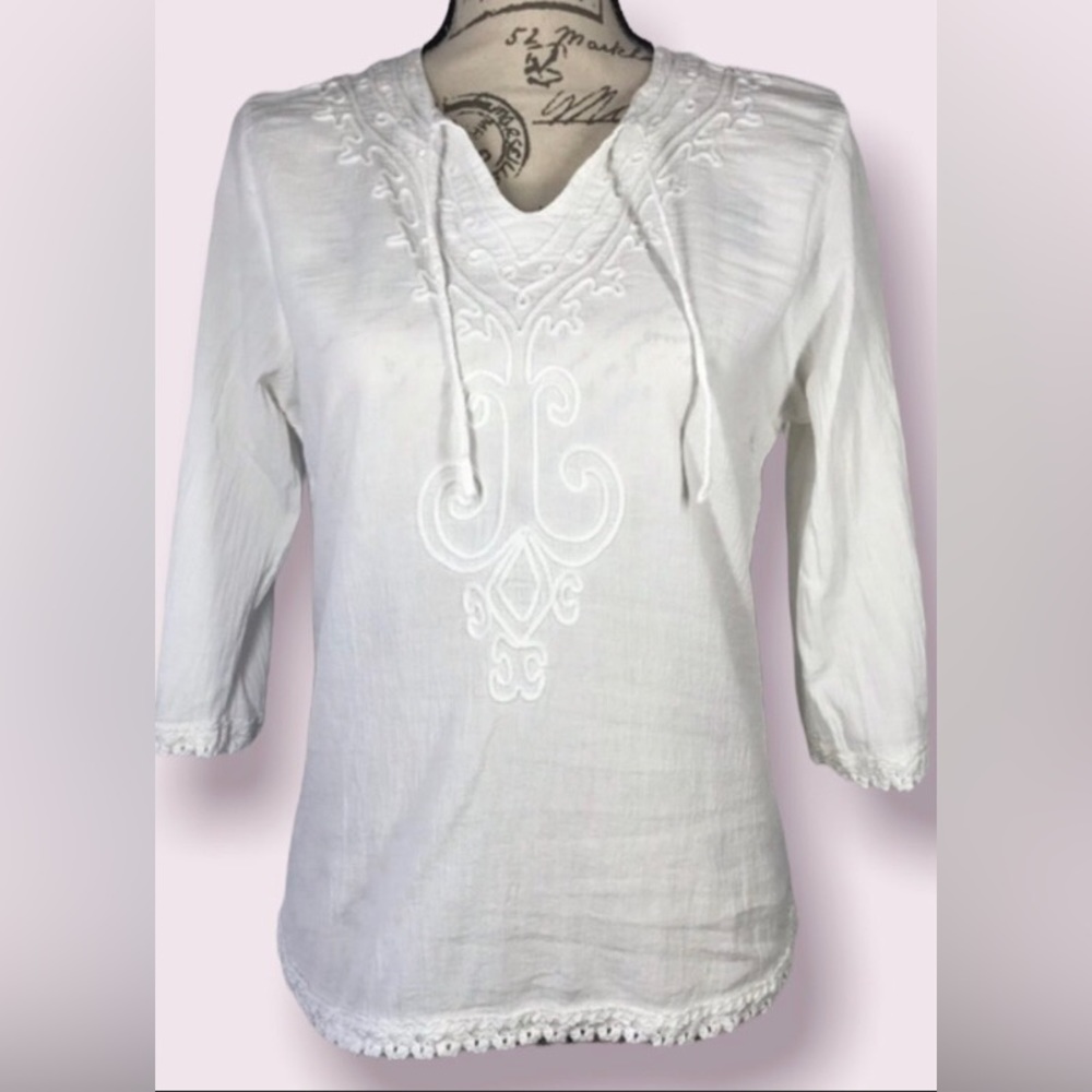 La Cotonniere, Embroidered Peasant Blouse, Size Medium